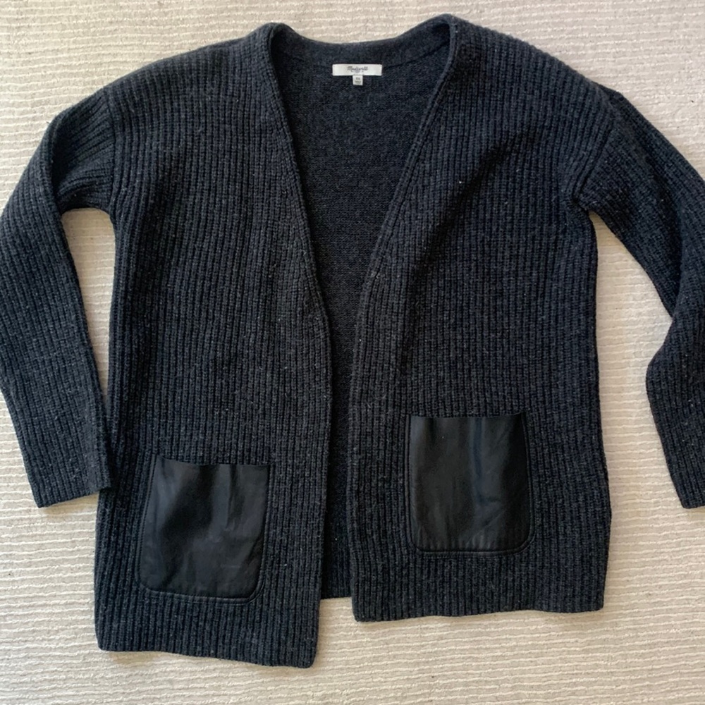 Madewell Charcoal Wool Cardigan with Leather pockets